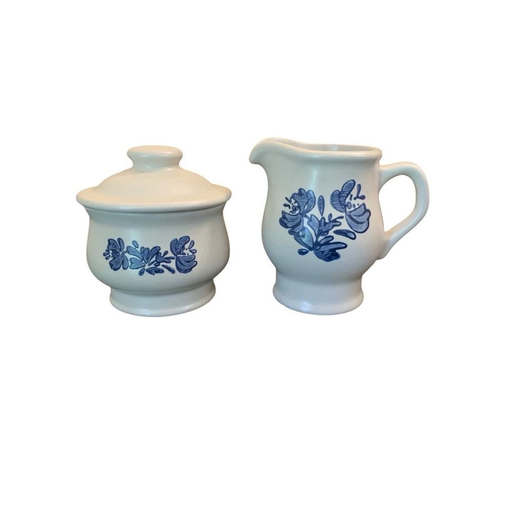 Vintage Pfaltzgraff Yorktowne Cream and Sugar Bowl Set USA Stoneware Blue Floral